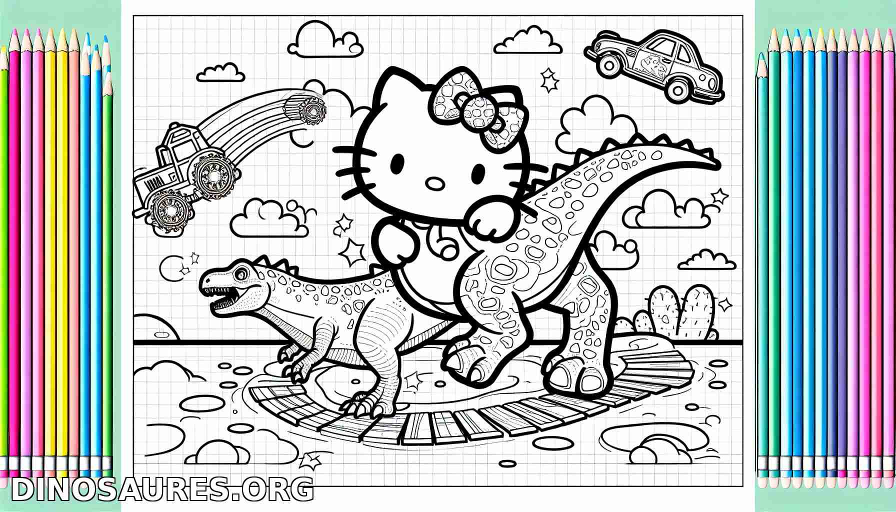 Coloriage Hello Kitty et Dinosaure