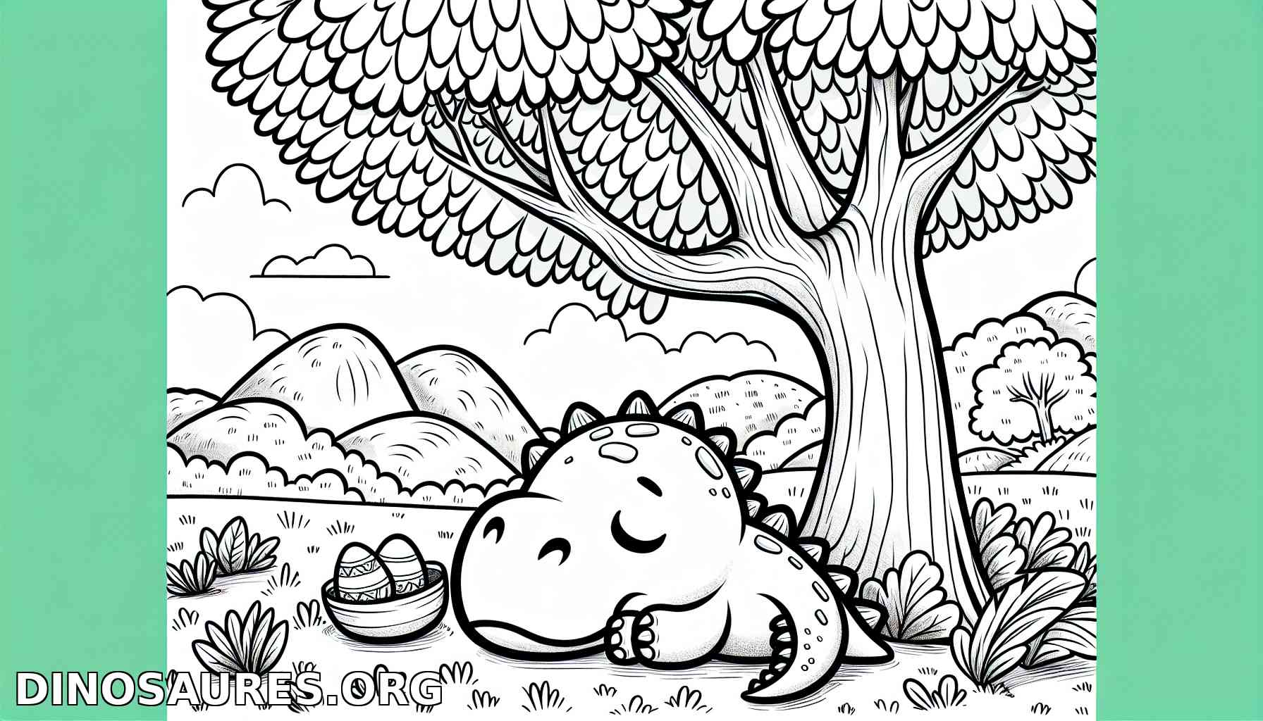 Coloriage de dinosaure endormi sous un arbre