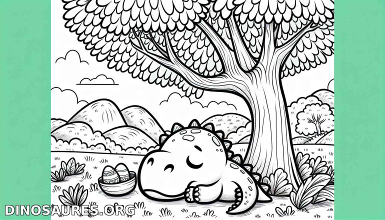 Coloriage de dinosaure endormi sous un arbre