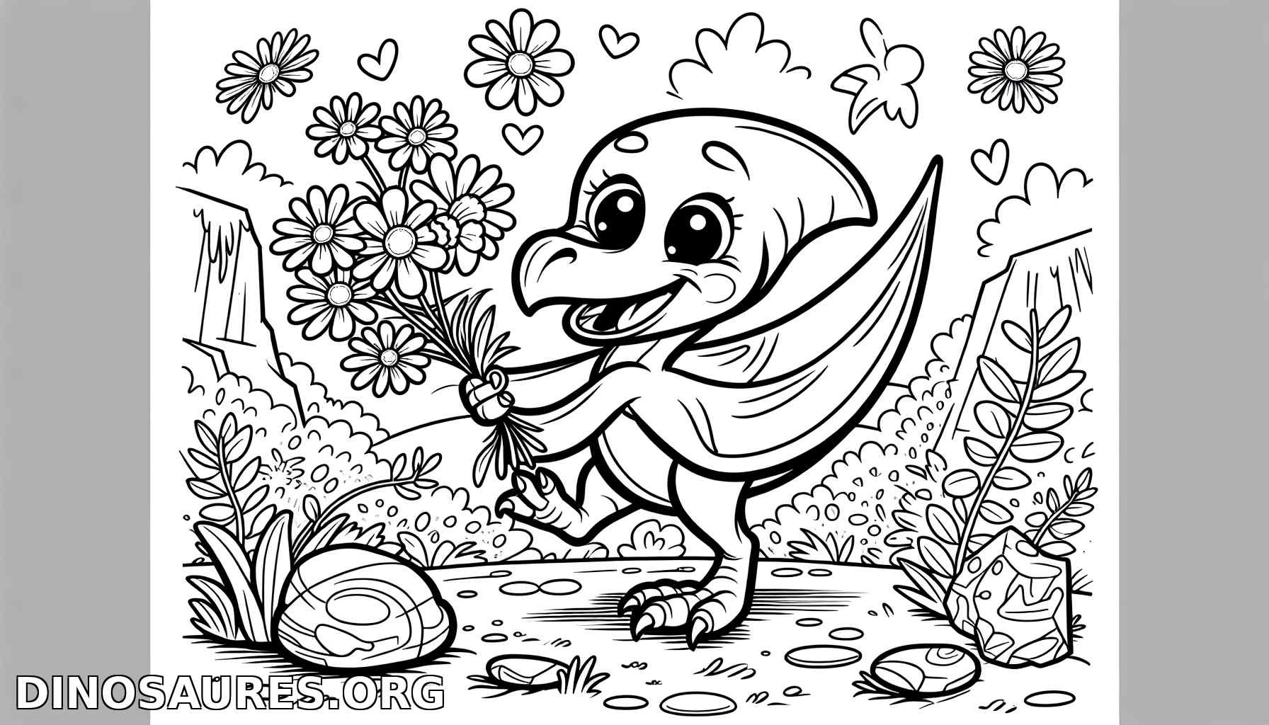 Coloriage de dinosaure joyeux avec des fleurs