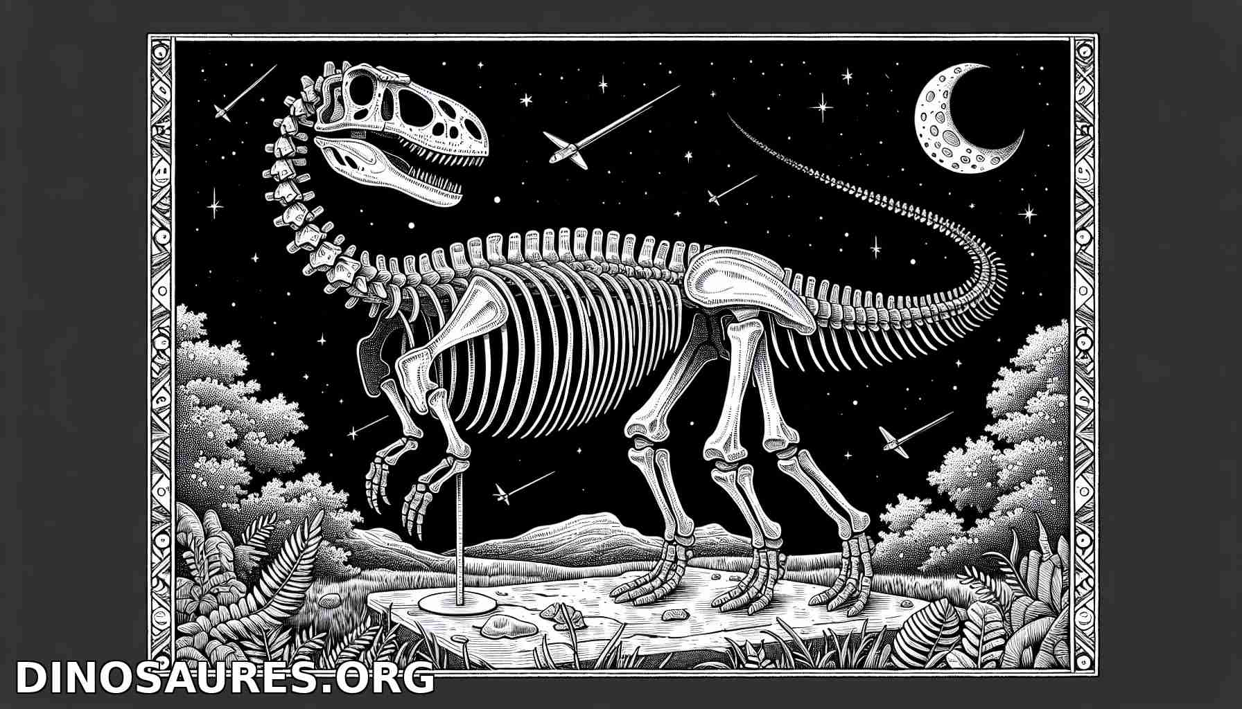 Squelette de dinosaure sous un ciel étoilé