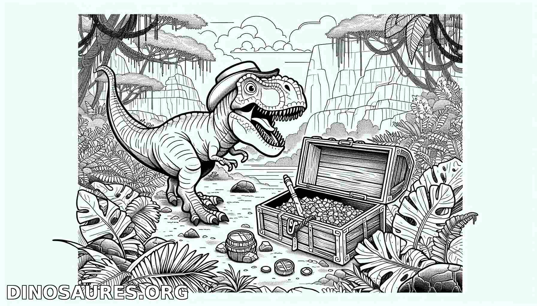 Coloriage de dinosaure avec coffre au trésor