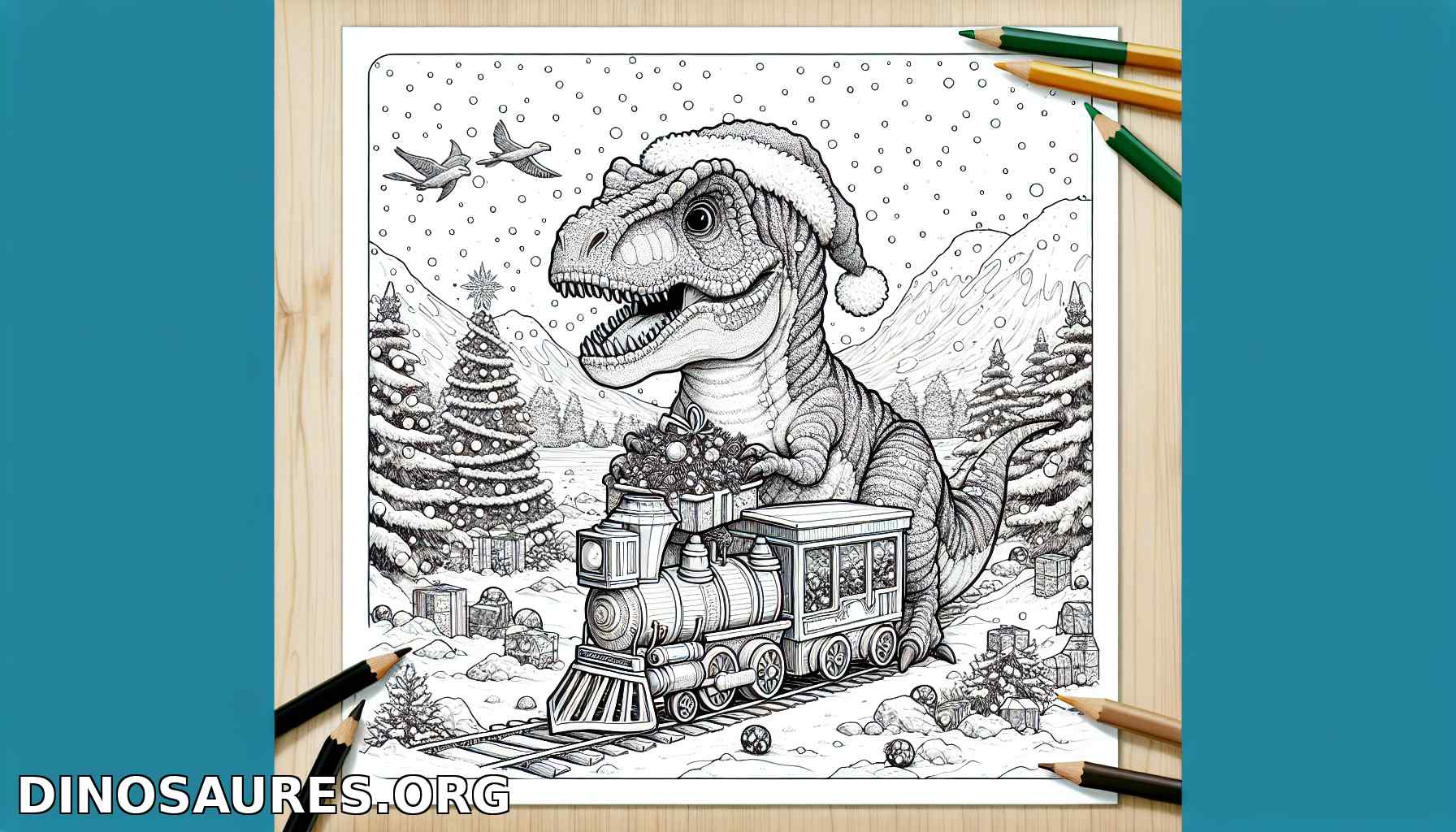 Coloriage de dinosaure joyeux avec sapins