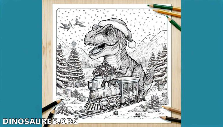 Coloriage de dinosaure joyeux avec sapins