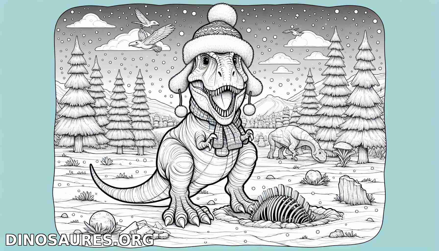 Coloriage de dinosaure joyeux en hiver
