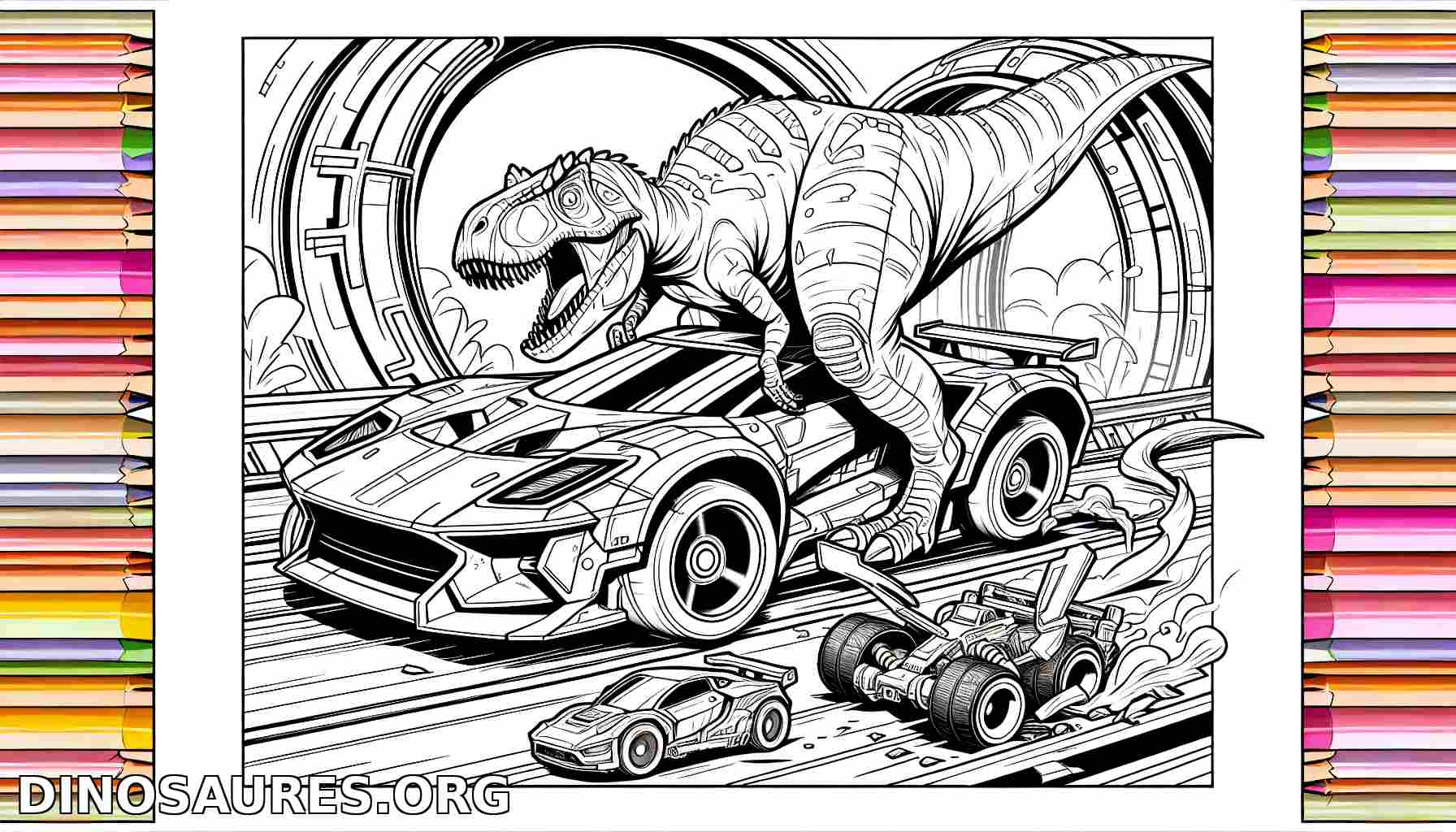 Coloriage de dinosaure et de voitures