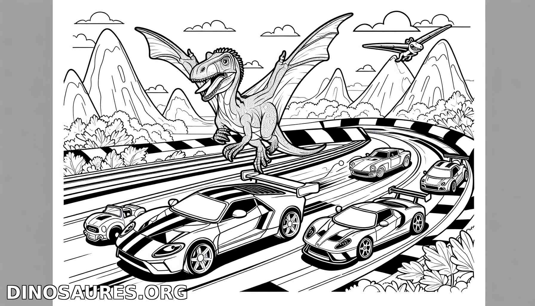 Coloriage de dinosaure et de voitures de course