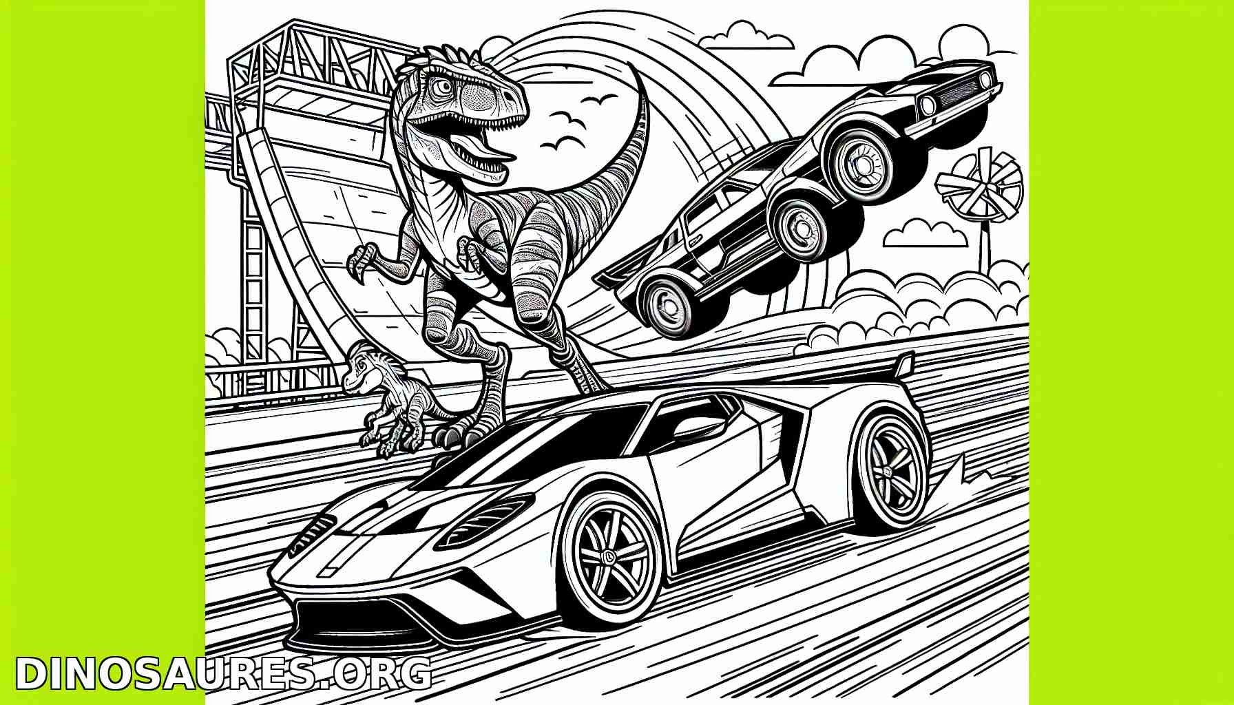 Coloriage de dinosaure et voiture