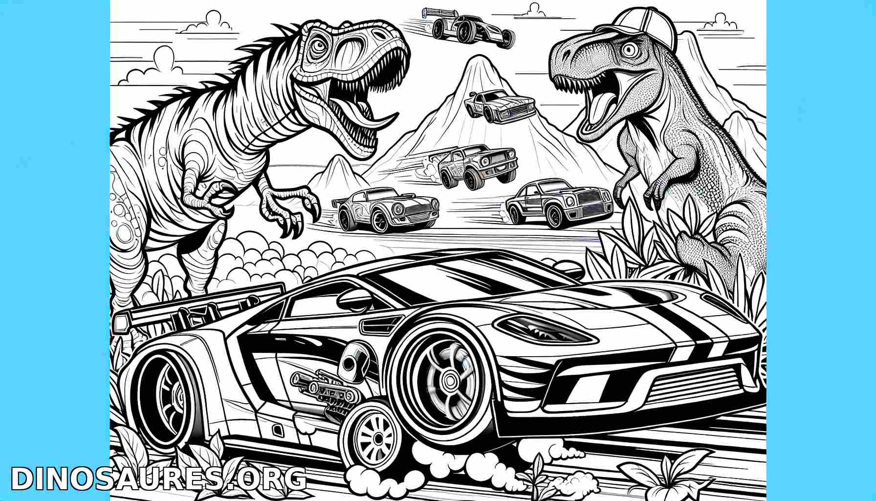Coloriage de dinosaure et voitures