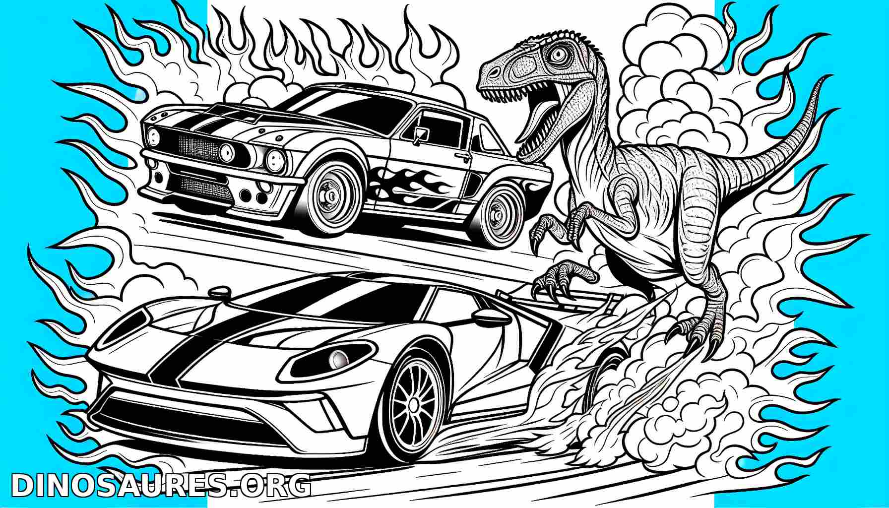 Coloriage de dinosaure et voitures de course