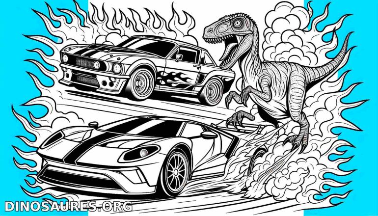 Coloriage de dinosaure et voitures de course