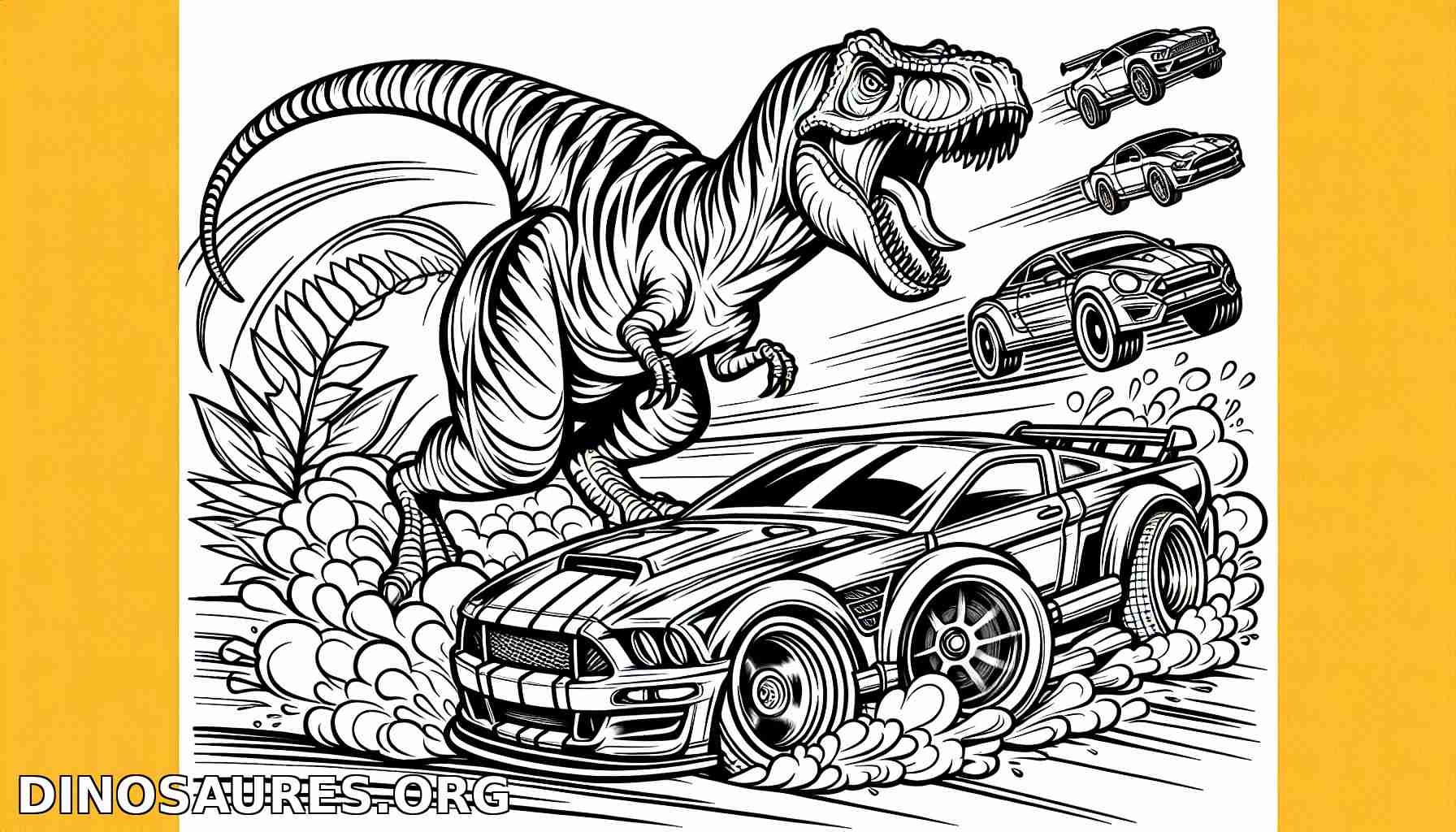 Coloriage de dinosaure et voitures de course