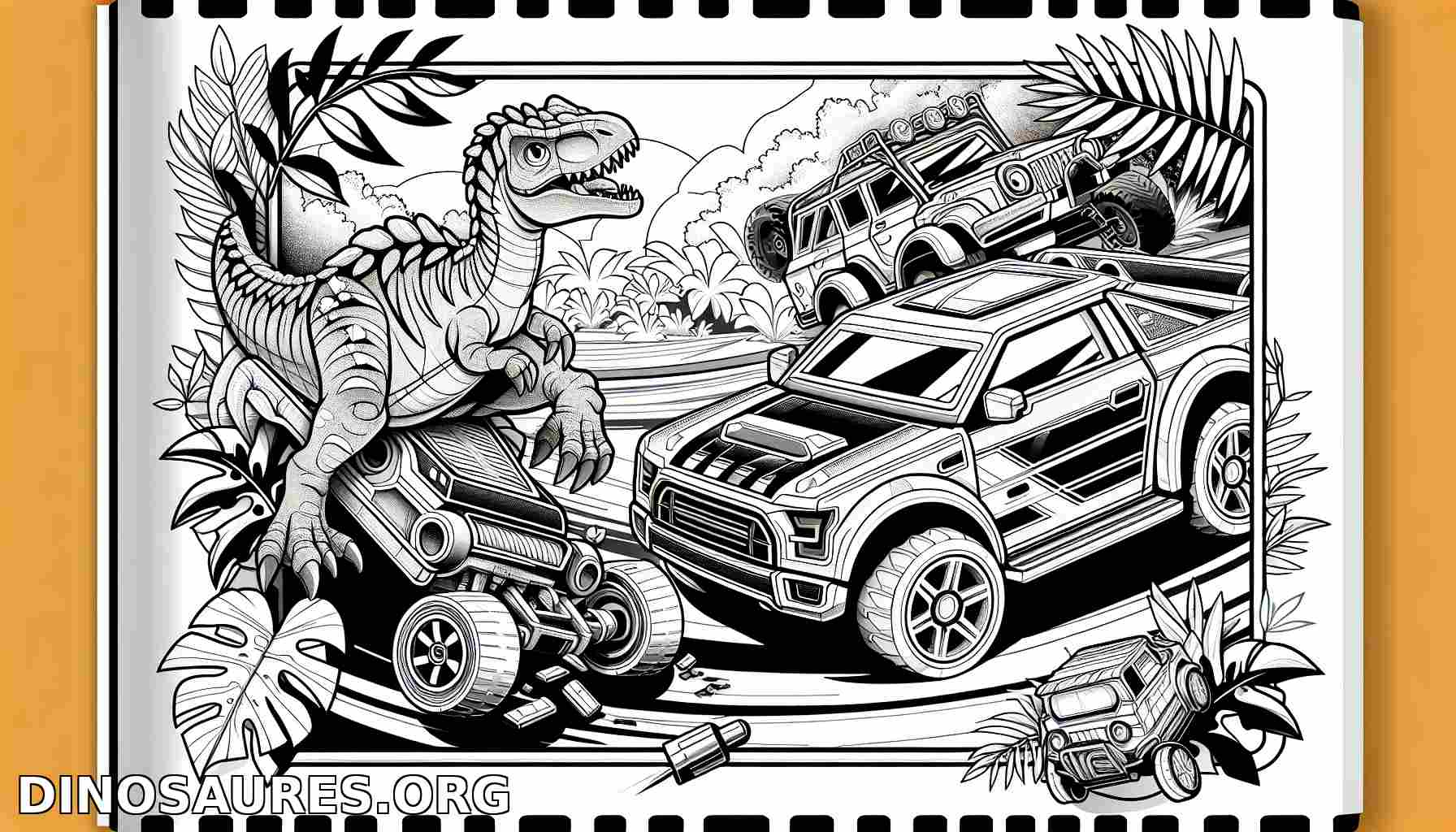 Coloriage dinosaure avec véhicules tout-terrain