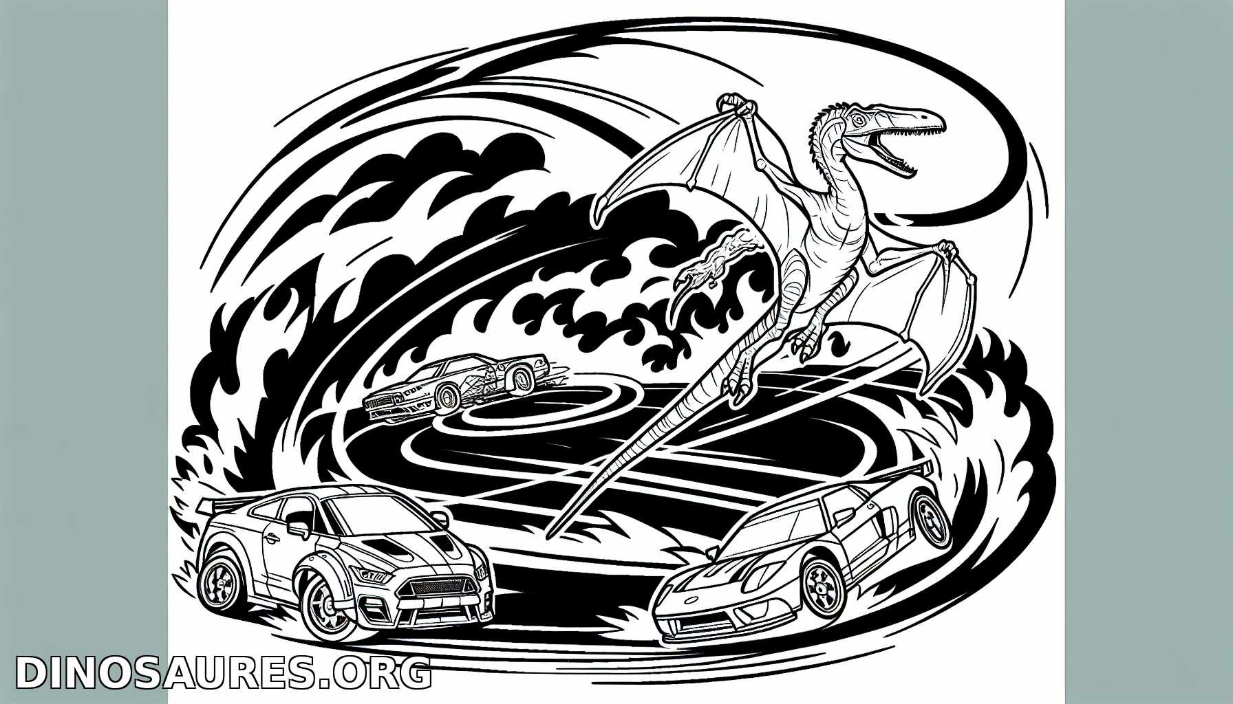 Dino et voitures dans un tourbillon