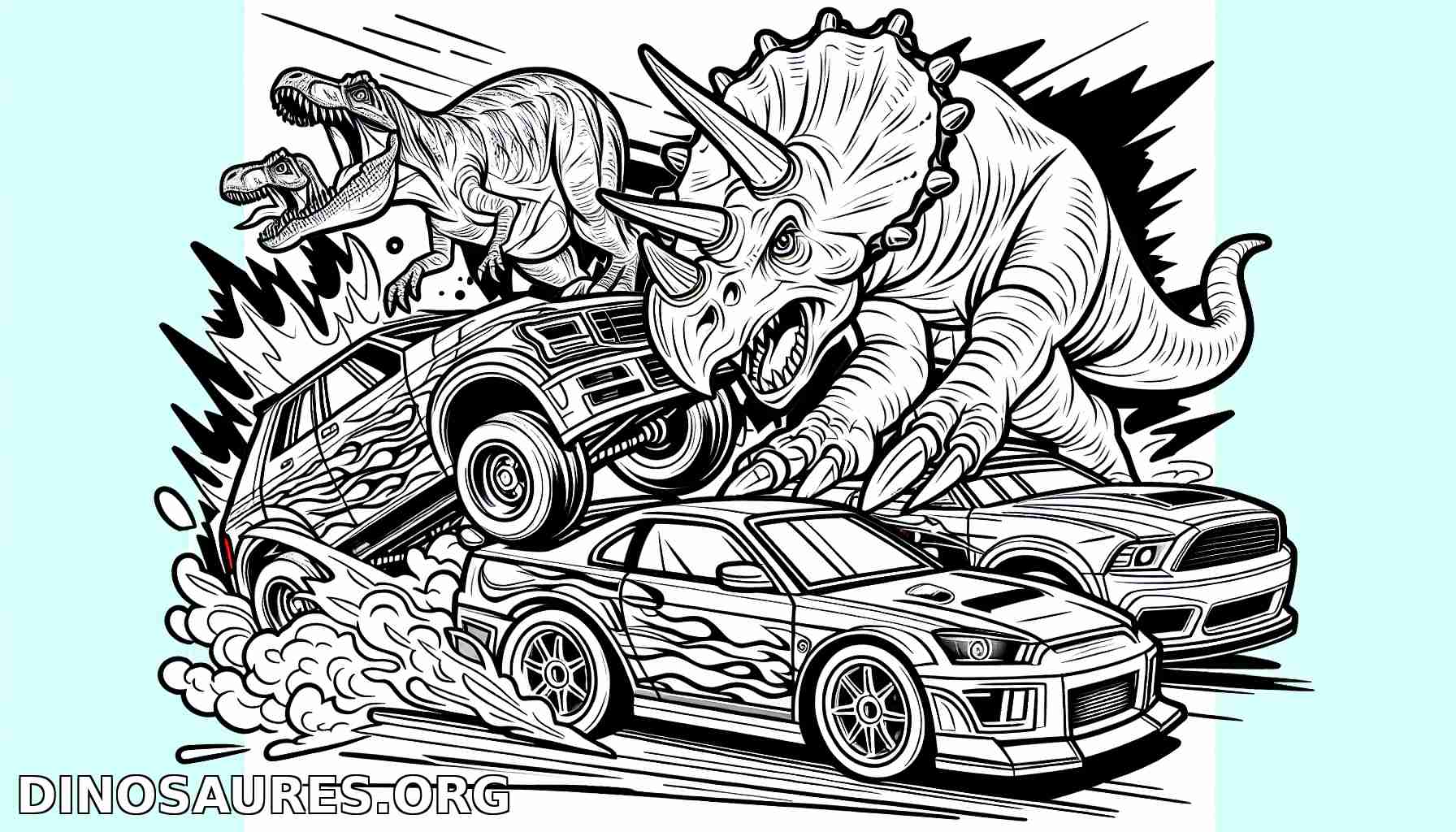 Dinosaure et Voitures en Pleine Action