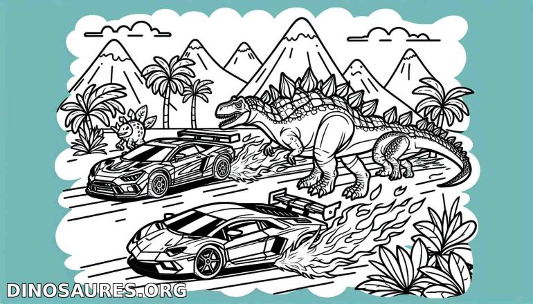 Dinosaures et voitures sportives en coloriage