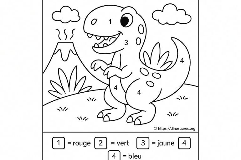 Coloriage d'un dinosaure avec chiffres et couleurs
