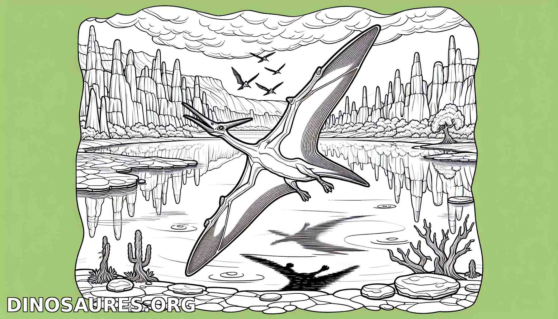 Coloriage de ptérodactyle dans un paysage préhistorique