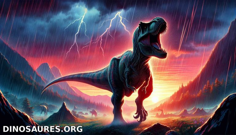 Dinosaur en action sous un ciel orageux