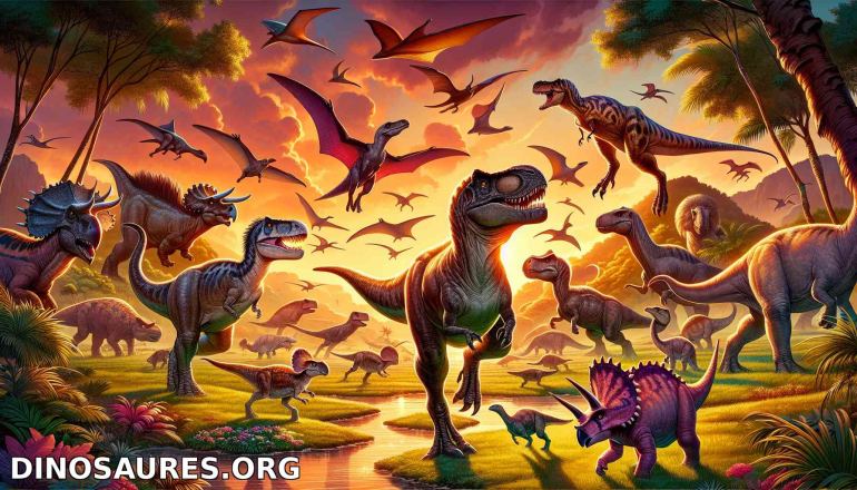 Dinosaures dans un paysage préhistorique