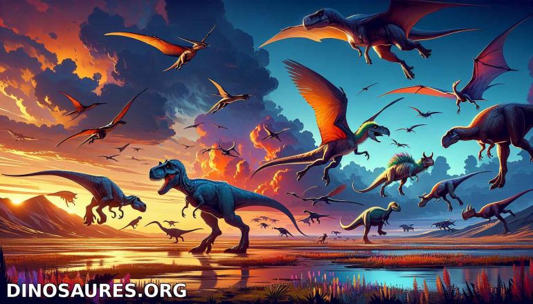 Dinosaures volants au coucher du soleil