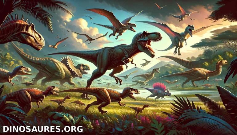 Scène dynamique de dinosaures préhistoriques