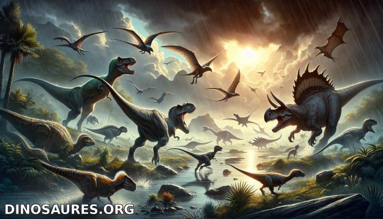 Scène préhistorique avec des dinosaures en action