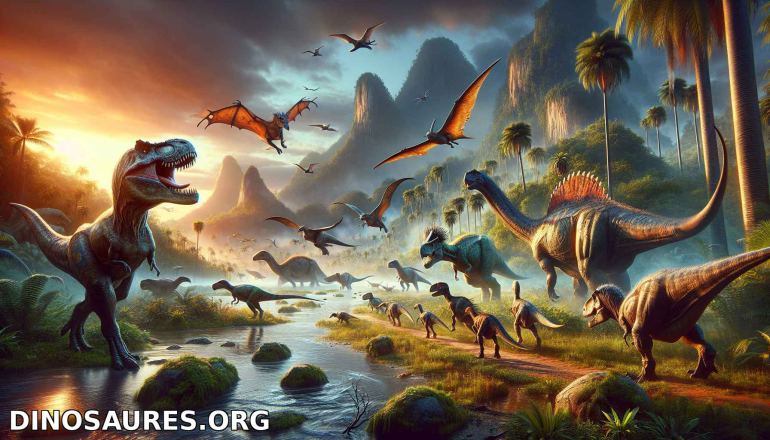 Scène préhistorique avec des dinosaures majestueux