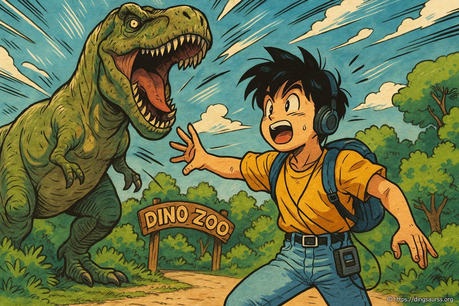 Garçon surpris devant un dinosaure rugissant