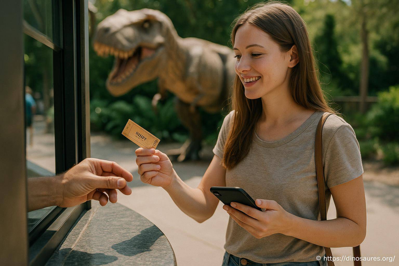 femme achète billet musée dinosaure