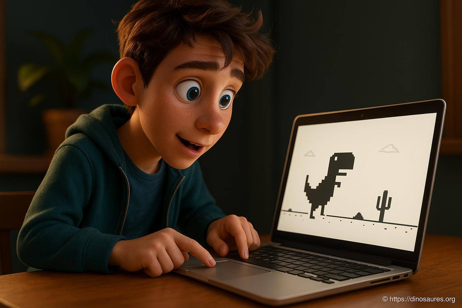 Garçon jouant au jeu dinosaure sur ordinateur