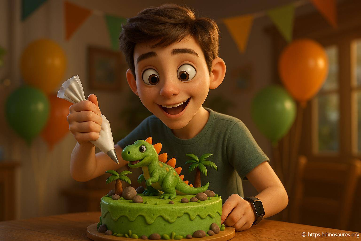 garçon décorant gâteau dinosaure vert