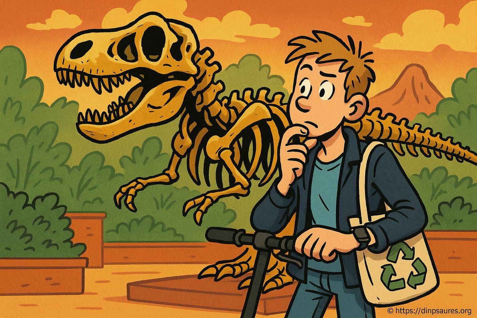 jeune homme observant un squelette de dinosaure