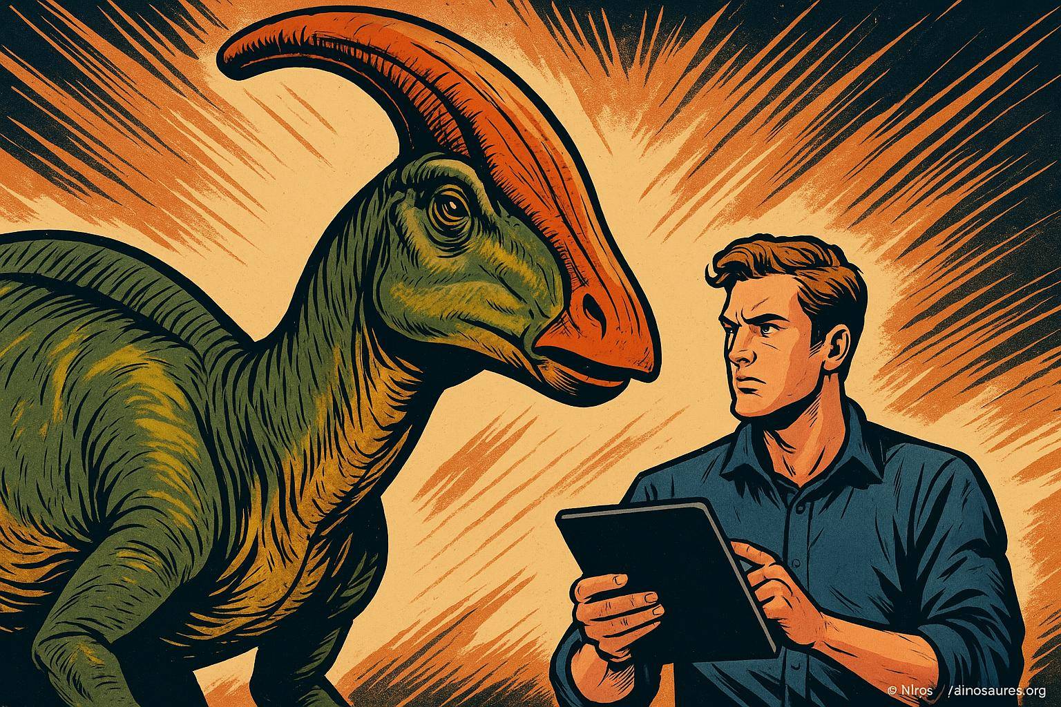 Homme observant un dinosaure à crête