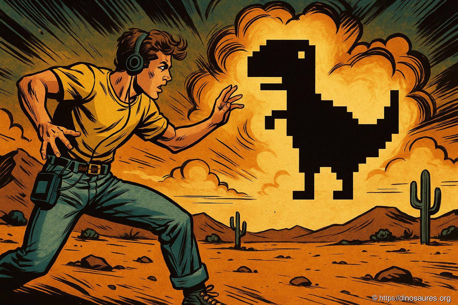 Jeune homme face à dinosaure pixelisé