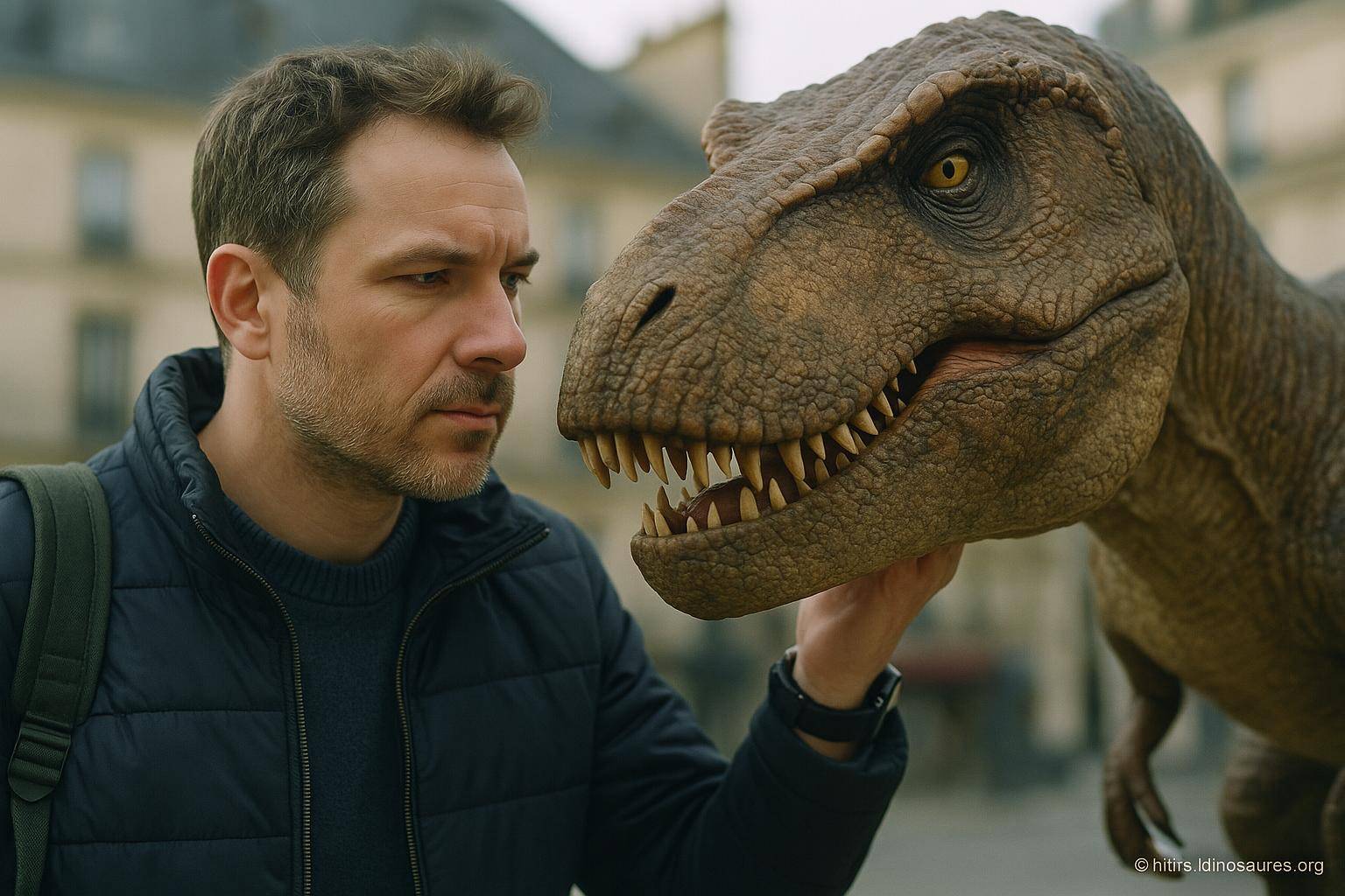 Homme regardant un dinosaure réaliste