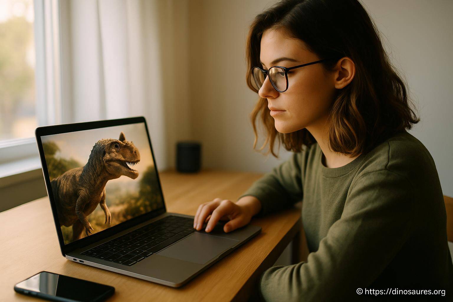 femme regardant un dinosaure sur ordinateur