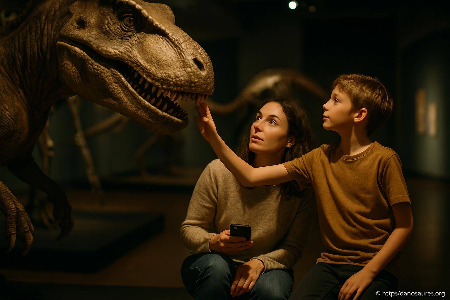 Enfant et femme devant un dinosaure