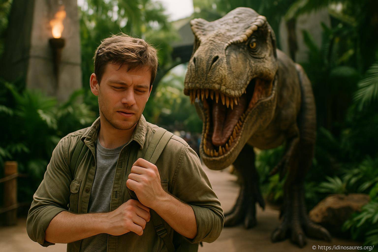 Homme surpris par un dinosaure T rex