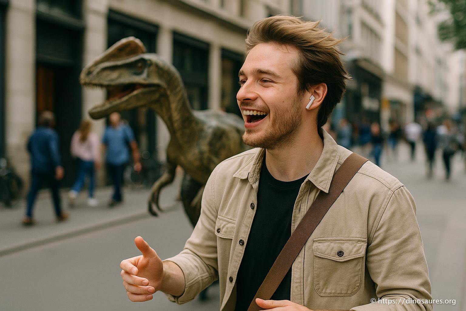 Jeune homme souriant avec dinosaure urbain