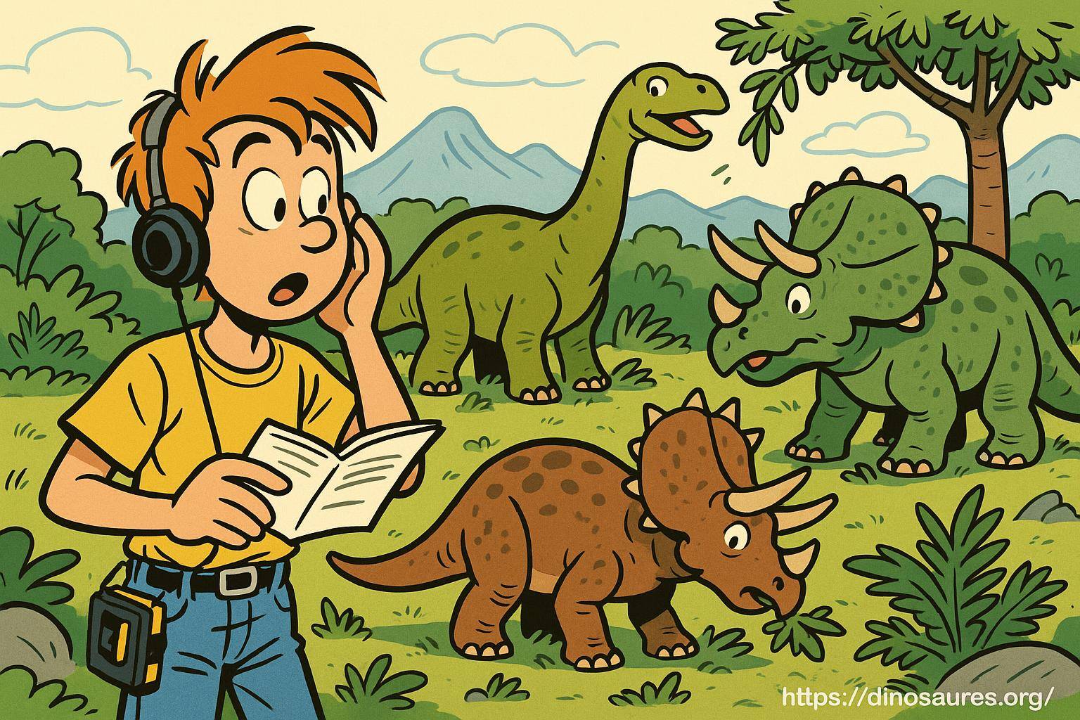 Enfant avec dinosaures dans la nature