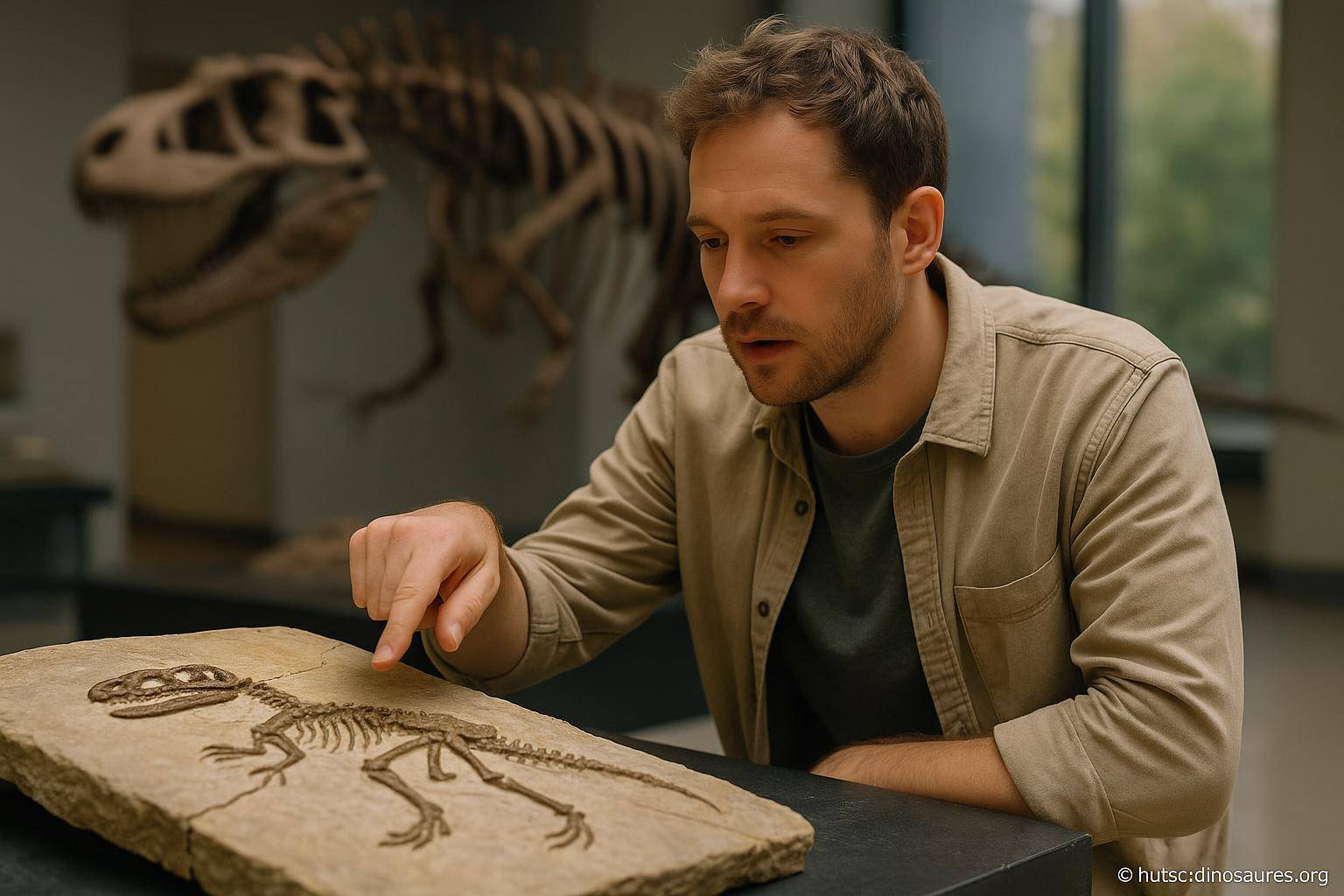 Homme étudiant un fossile de dinosaure