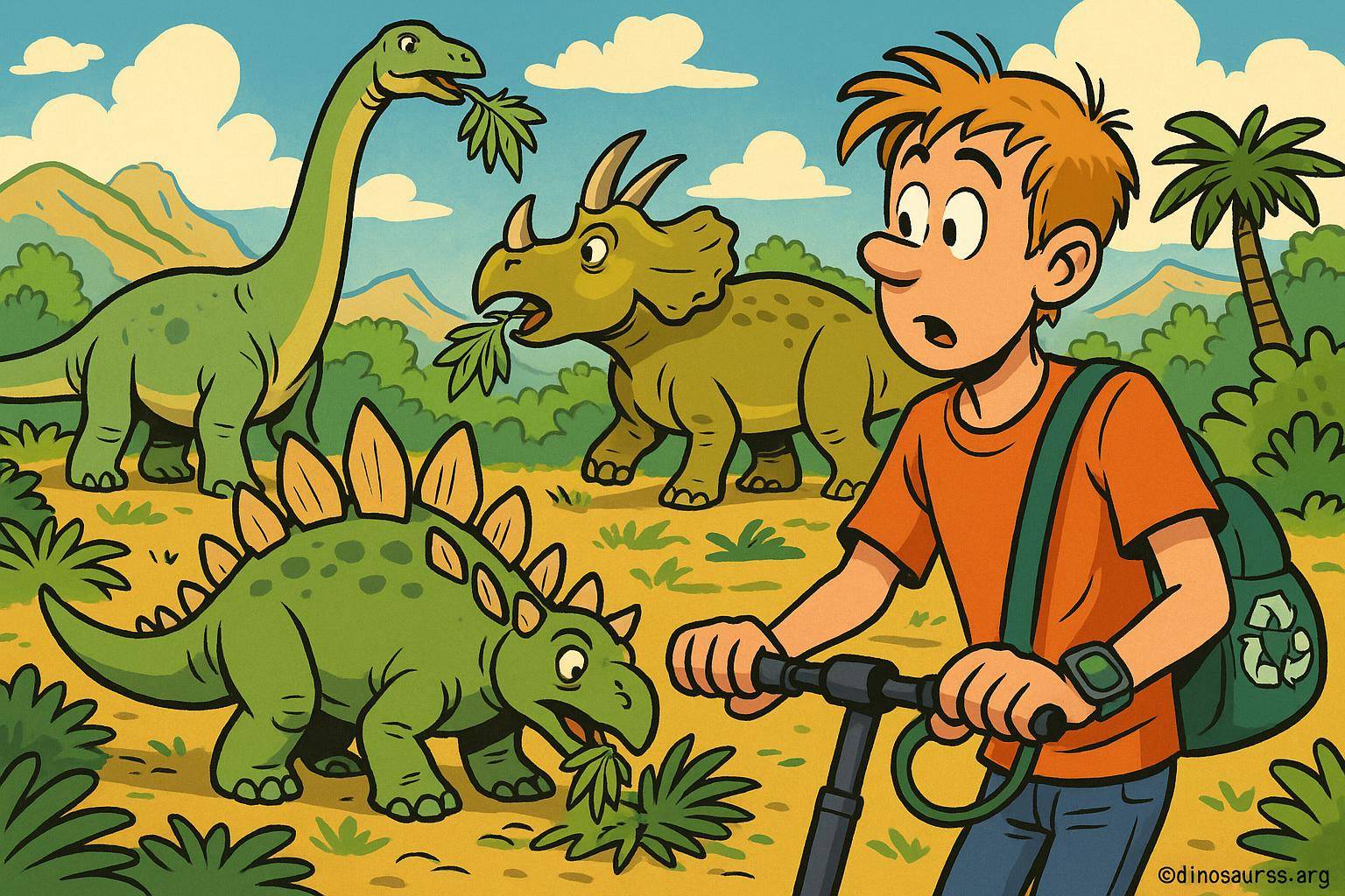 Garçon surpris par des dinosaures mangeant des feuilles