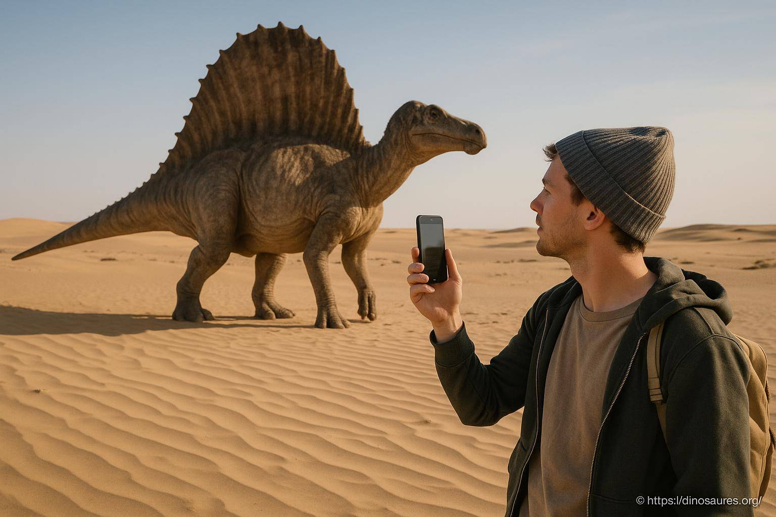 Homme prenant en photo un dinosaure désertique