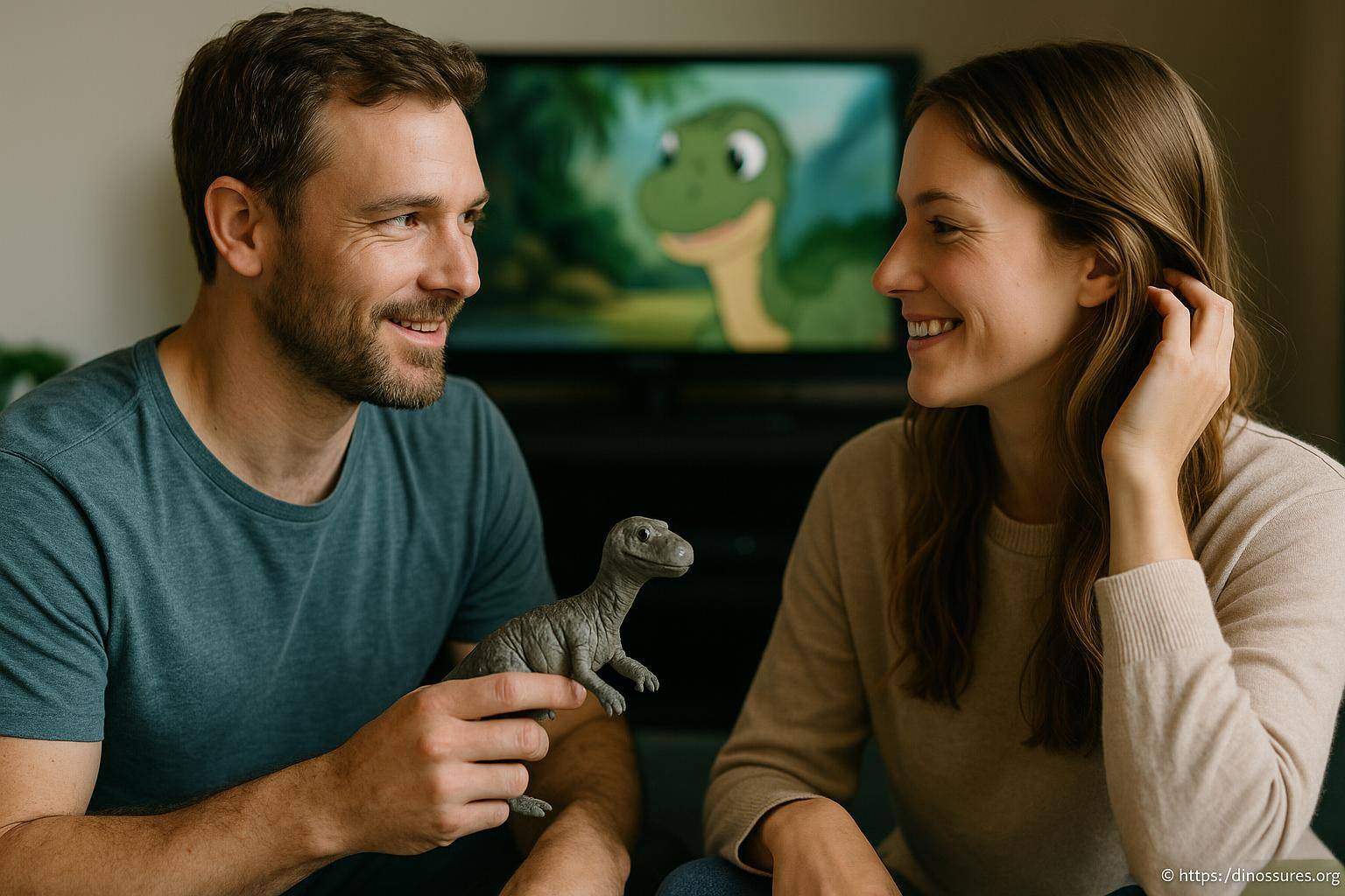 Couple souriant avec dinosaure jouet