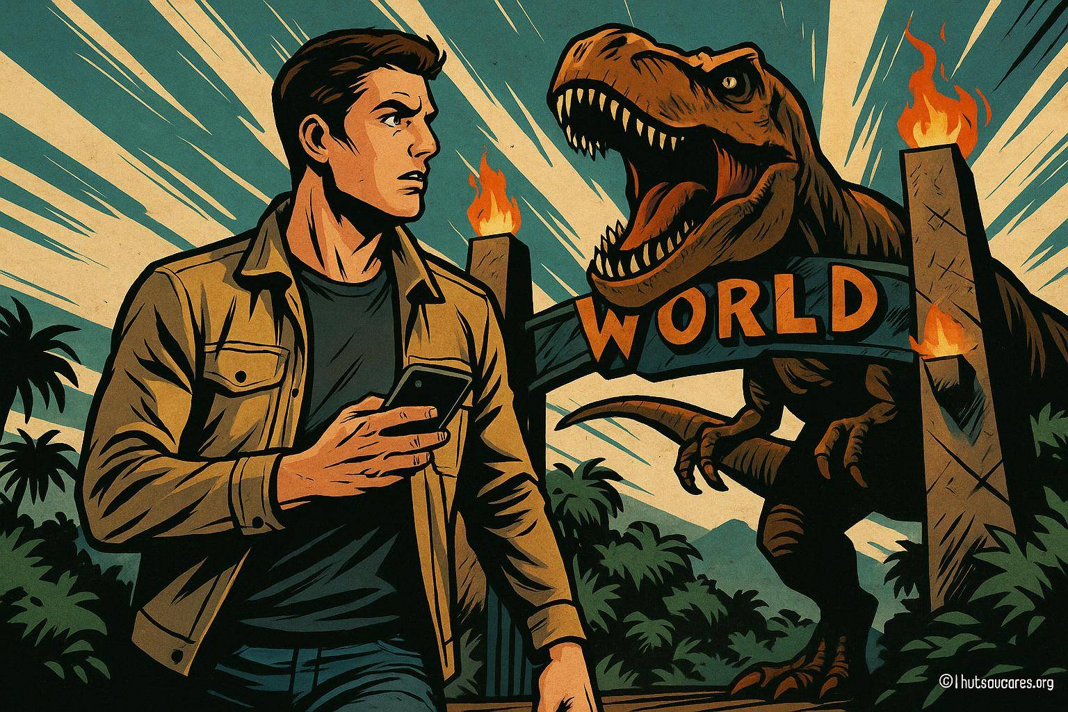 Homme surpris devant un dinosaure rugissant