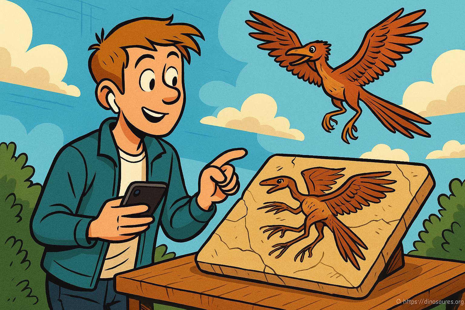 Garçon observant fossile d'oiseau préhistorique