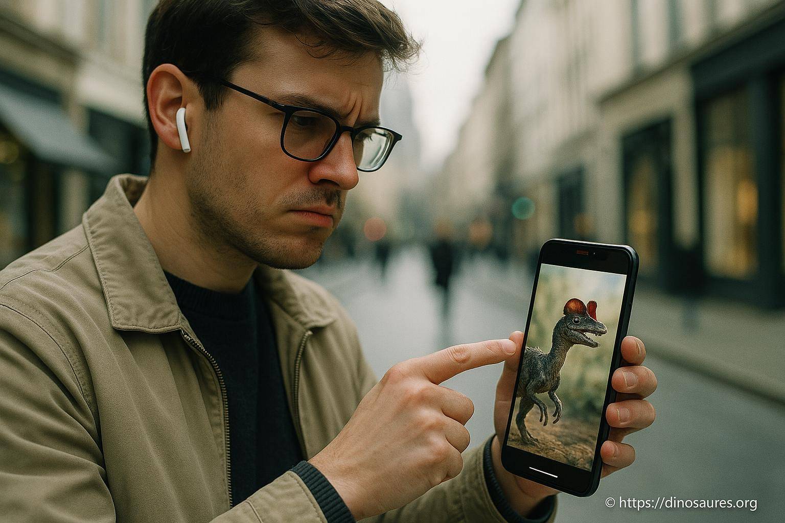 Homme regardant un dinosaure sur smartphone