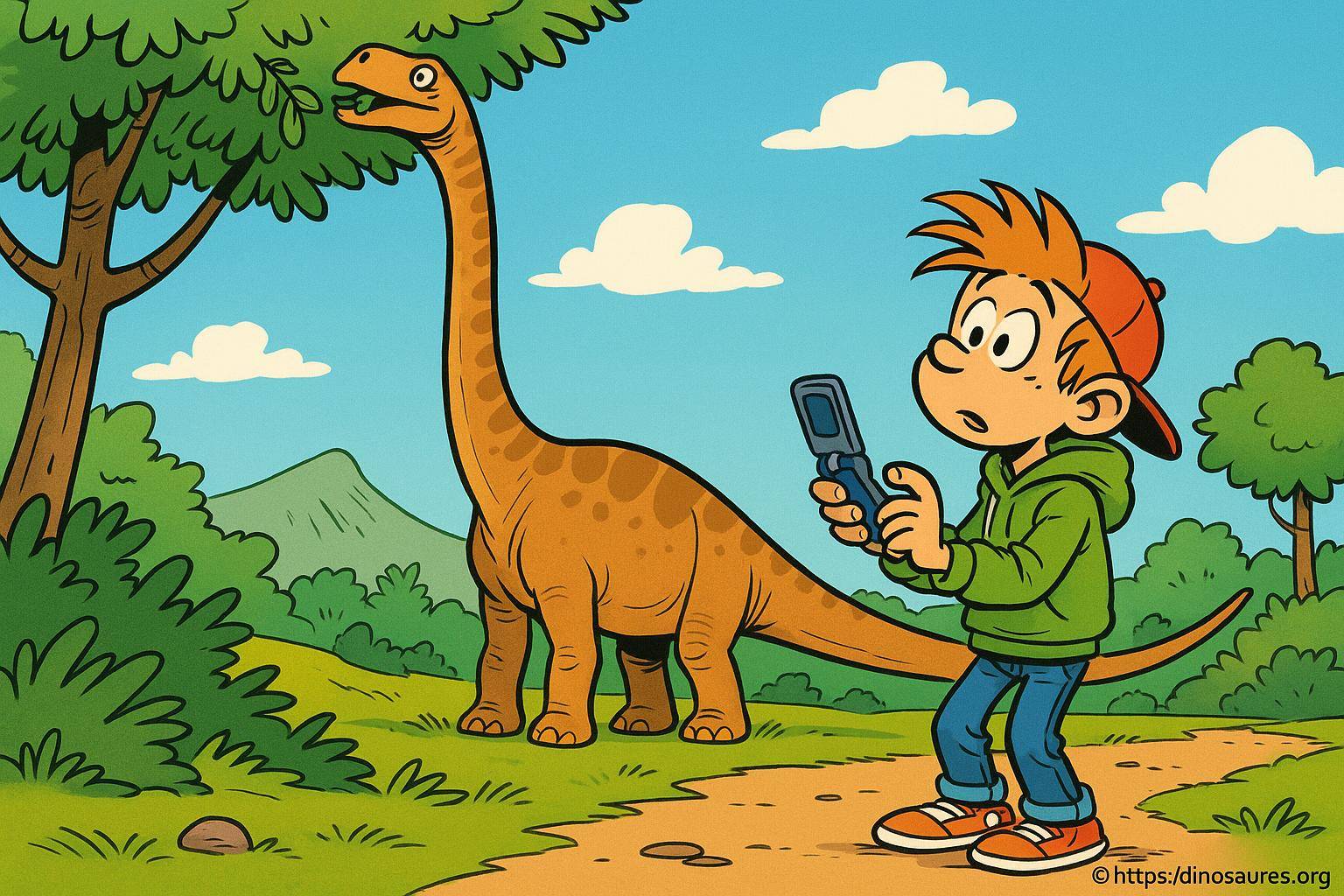 Garçon surpris devant un dinosaure mangeant une feuille