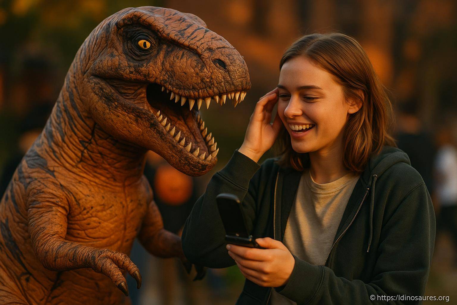 femme souriante avec dinosaure en plastique
